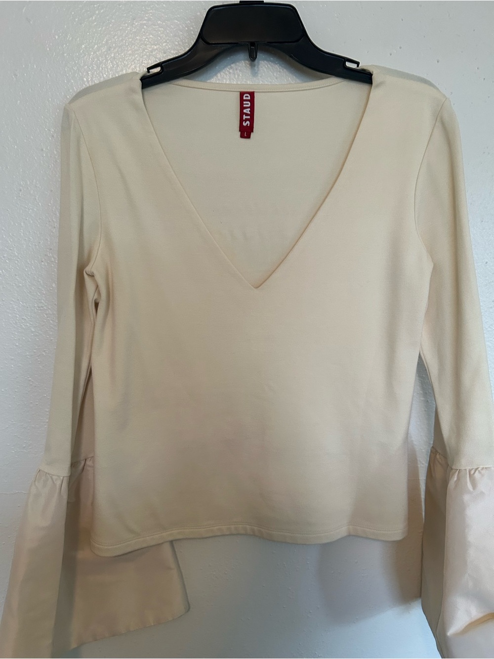 STAUD Cream V-Neck Long Sleeve Top with Flared Cuffs